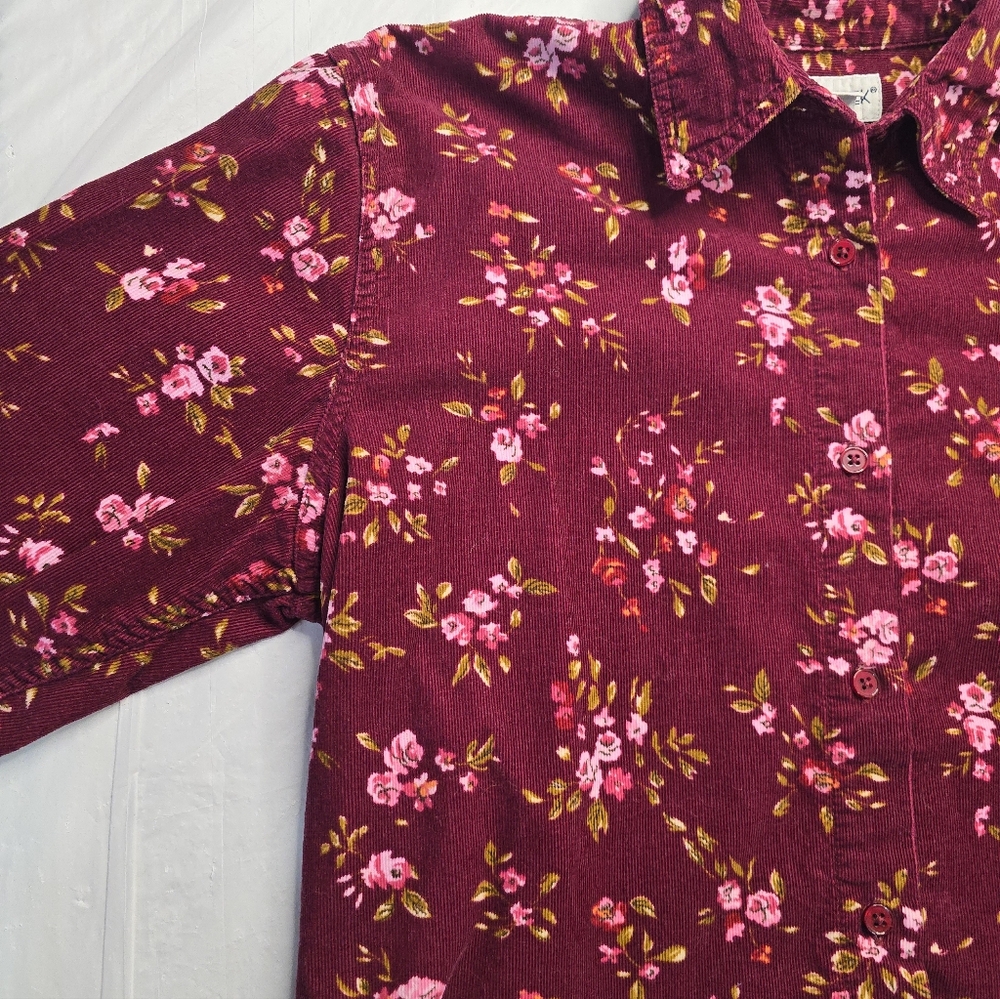 Cabin Creek Floral Corduroy Shirt Burgundy Cotton Button Up Cottagecore M - Picture 7 of 12